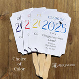 Personalized graduation favor fans to keep guest cool and a fun keepsake to take home. Each printed on white card stock, ship fully assembled, two sided with handle hidden between.
