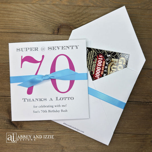 Throwing a 70th Birthday Party, give your guests a chance to win big with our 70th Birthday Party Scratch off Favor! These birthday favors are available in array of color combinations to perfectly compliment your party theme. Your choice of number and ribbon color.Lottery ticket holders measure 5" x 5", constructed of white card stock and come fully assembled including the ribbon. Lottery tickets are NOT included with your purchase of our 70th Birthday Party Scratch off Favors.