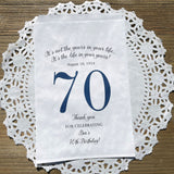 Fun 70th birthday favor bags, fill them with sweet treats for your guests.  White paper bags printed with a large # 70 and personalized for the guest of honor.  Larger favor bags to hold more treats.  Adult part favor bags that also great for holding a napkin and utensils.