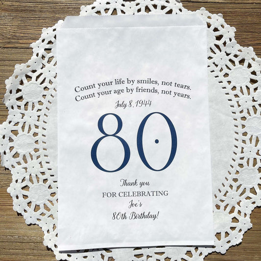 These 80th Birthday Favor Bags, personalized for the guest of honor for an 80th birthday party. Printed on white bags your choice of large number color. Larger than most favor bags these are perfect for many sweet treats for your party guests. A fun bag for an 80th birthday celebration.