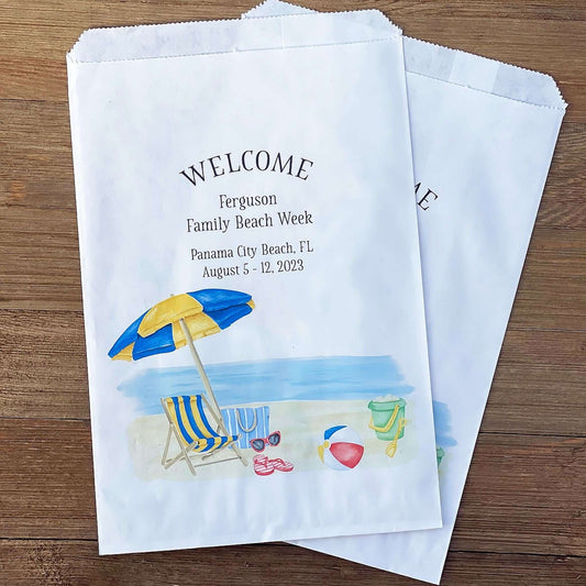 Beach Family Reunion Favor Bags, adorned with a cute beach scene and personalized for the family. Bags are white and larger than most favor bags, use for cookies, candy or utensils.