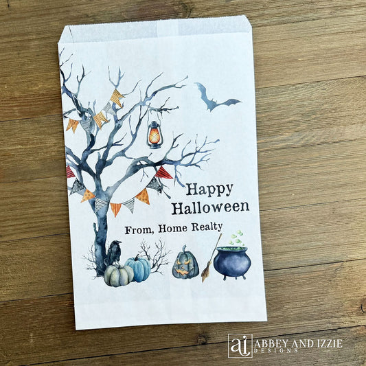 Personalized Spooky Halloween Treat Bags, perfect for trick or treat bags, candy bags or Halloween party favors. Personalized for you and adorned with a spooky tree and Halloween fun graphics. Larger than most treat bags, they measure 6" x 9".