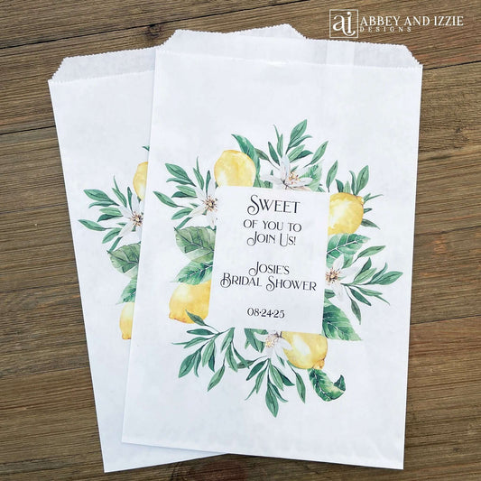 Amalfi Coast Bridal Shower Favor Bags, personalized for the bride. Printed on white bags, our Amalfi Coast favor bags can be filled with cookies, candy, utensils or perfect for a candy buffet.