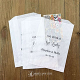 Wedding scratch off favor bags, slide a lottery ticket inside for an interactive favor.  Bags will accept larger  scratch offs.  Personalized for the bride and groom, printed with 'eat, drink & get lucky'.  Bags are transluscent glassine.