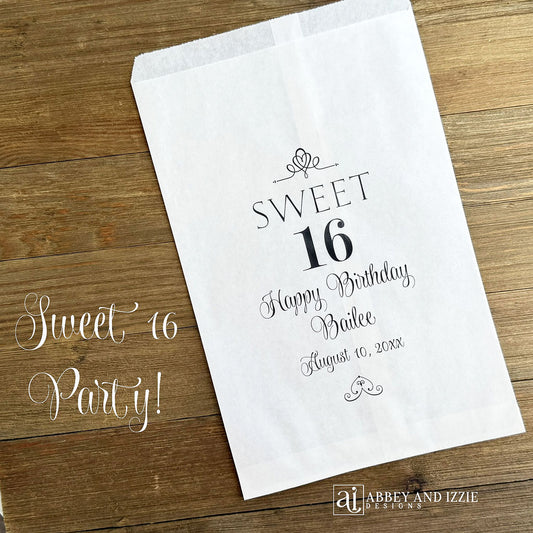 Elegant Sweet 16 Candy Bags personalized for the guest of honor. Bags are larger and can accomodate cookies, candy or treats.