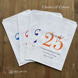 Graduation favor bags for the Class of 2025, perfect size for candy, popcorn, cookies or eating utensils.  White bags personalized for the graduate with class of 25, school name and date.