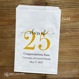 Graduation favor bags for the Class of 2025, perfect size for candy, popcorn, cookies or eating utensils.  White bags personalized for the graduate with class of 25, school name and date.