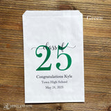 Graduation favor bags for the Class of 2025, perfect size for candy, popcorn, cookies or eating utensils.  White bags personalized for the graduate with class of 25, school name and date.
