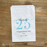 Graduation favor bags for the Class of 2025, perfect size for candy, popcorn, cookies or eating utensils.  White bags personalized for the graduate with class of 25, school name and date.