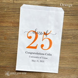 Graduation favor bags for the Class of 2025, perfect size for candy, popcorn, cookies or eating utensils.  White bags personalized for the graduate with class of 25, school name and date.