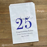 Graduation favor bags for the Class of 2025, perfect size for candy, popcorn, cookies or eating utensils.  White bags personalized for the graduate with class of 25, school name and date.