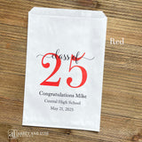 Graduation favor bags for the Class of 2025, perfect size for candy, popcorn, cookies or eating utensils.  White bags personalized for the graduate with class of 25, school name and date.