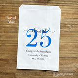 Graduation favor bags for the Class of 2025, perfect size for candy, popcorn, cookies or eating utensils.  White bags personalized for the graduate with class of 25, school name and date.