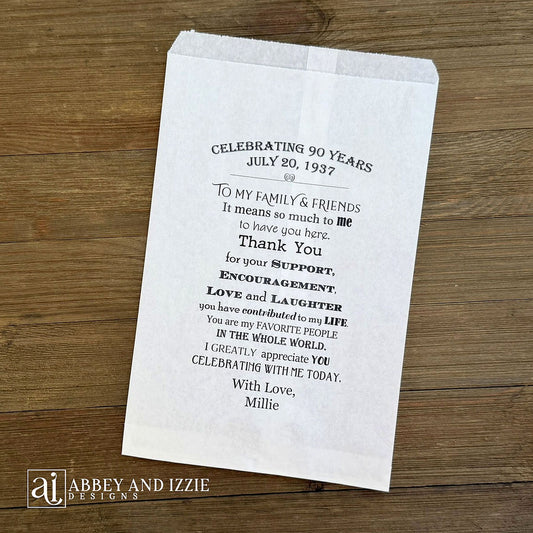 Adult Birthday Favor Bags with a Personal Message from the guest of honor. Printed with a sweet saying thanking guests for their love and support. Your choice of white or brown bags.