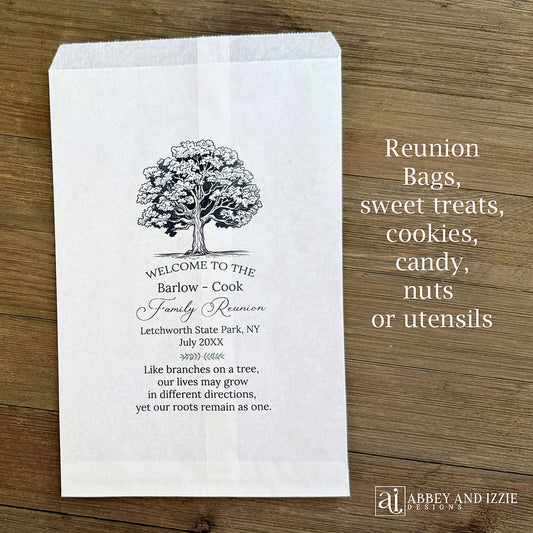 Personalized Family Reunion Treat Bags with family name, reunion place, date and sweet poem. Silverware bags or utensil bags for your family reunion