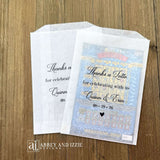 Wedding lotto ticket favor bags, slide a scratch off ticket in and see who wins.   Each is personalized for the bride and groom including wedding date.