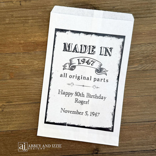 Adult Birthday Party Favor Bags Vintage, Birthday cookie bags, candy bags, popcorn bags fill them with goodies.