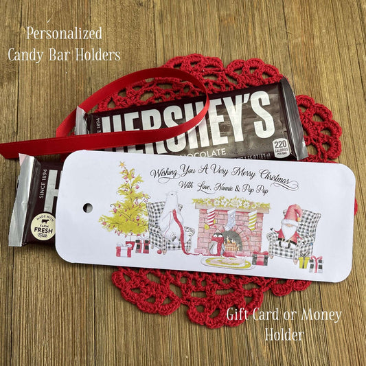 Small Christmas Gift Idea Personalized are printed on white card stock with a cute Christmas scene. These are also good for a gift card, lotto ticket or candy bar.