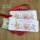 Small Christmas Gift Idea Personalized are printed on white card stock with a cute Christmas scene.  These are also good for a gift card, lotto ticket or candy bar.