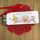 Small Christmas Gift Idea Personalized are printed on white card stock with a cute Christmas scene.  These are also good for a gift card, lotto ticket or candy bar.
