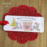 Small Christmas Gift Idea Personalized are printed on white card stock with a cute Christmas scene.  These are also good for a gift card, lotto ticket or candy bar.