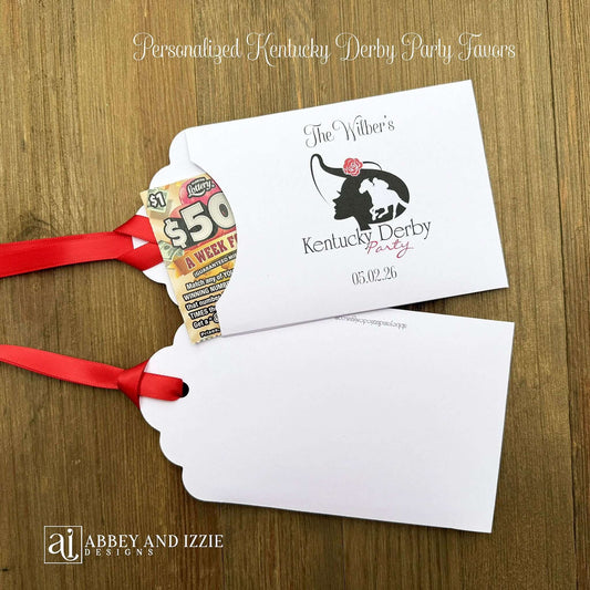 Scratch off Favors For Kentucky Derby, slide a lotto ticket in these adorable envelops. White envelopes tht are personalized for your event, red ribbon which comes attached.
