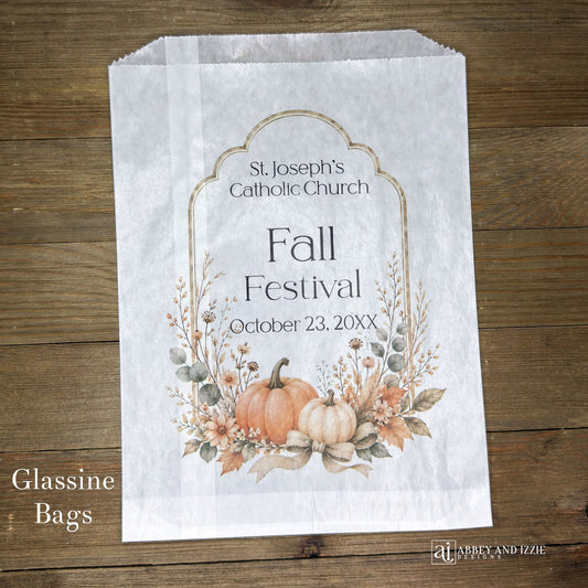 Perfect for autumn celebrations, these personalized Fall Festival and Fall Gathering bags add a custom touch to your event favors. Each bag can be customized with names, dates, or messages to create memorable keepsakes for guests. Your choice of white paper bags or glassine bags.