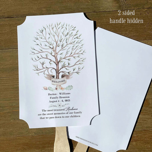 Personalized family reunion fans that ship fully assembled ready for your event. Printed on white cardstock adorned with a beautiful tree to welcome everyone to the reunion. Keep everyone cool and comfortable, a great keepsake for everyone to take home from the event.