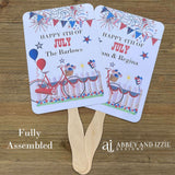 Your guests will thank you for the cool breeze these Personalized 4th of July Fans will bring.  With red, white and blue accents fans are printed on white card stock, two sided with hand hidden between.  They ship fully assembled and ready for your event.