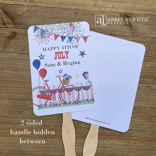 Your guests will thank you for the cool breeze these Personalized 4th of July Fans will bring. With red, white and blue accents fans are printed on white card stock, two sided with hand hidden between. They ship fully assembled and ready for your event.