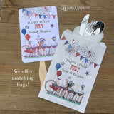 Your guests will thank you for the cool breeze these Personalized 4th of July Fans will bring.  With red, white and blue accents fans are printed on white card stock, two sided with hand hidden between.  They ship fully assembled and ready for your event.