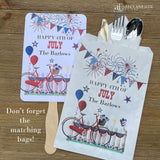 Our 4th of July Personalized Favor Bags are perfect for your party!  Printed in red, white and blue these are perfect for napkin and utensils, or fill with cookies.