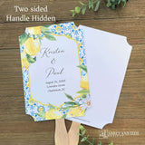 Our Amalfi Coast wedding fans personalized are printed on white stock adorned with lemons and blue tiles to match your Mediterranean Theme wedding.  Fans are personalized for the bride and groom, two sided with handle hidden between.  They come fully assembled and ready for your special day.