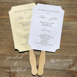Personalized Wedding Fans Assembled that will add a touch of elegance to your wedding day.  Printed on white or ivory card stock, your choice.  Two sided with handle hidden between, printing on one side only.  Shipped assembled and ready for your special day.