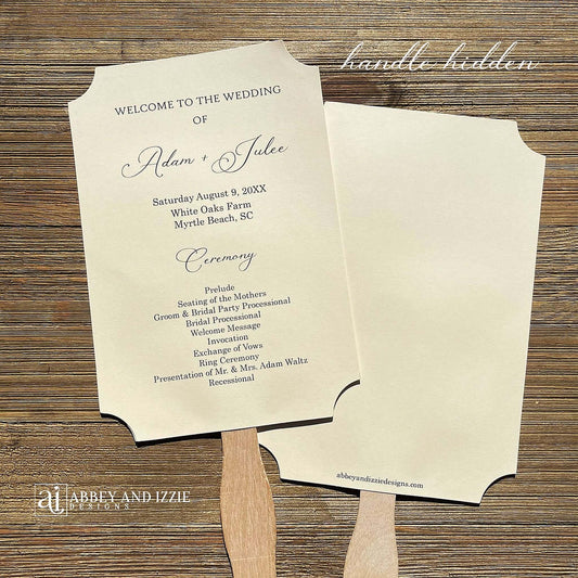 Personalized Wedding Fans Assembled that will add a touch of elegance to your wedding day. Printed on white or ivory card stock, your choice. Two sided with handle hidden between, printing on one side only. Shipped assembled and ready for your special day.