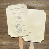 Personalized Wedding Fans Assembled that will add a touch of elegance to your wedding day.  Printed on white or ivory card stock, your choice.  Two sided with handle hidden between, printing on one side only.  Shipped assembled and ready for your special day.
