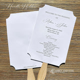 Personalized Wedding Fans Assembled that will add a touch of elegance to your wedding day.  Printed on white or ivory card stock, your choice.  Two sided with handle hidden between, printing on one side only.  Shipped assembled and ready for your special day.