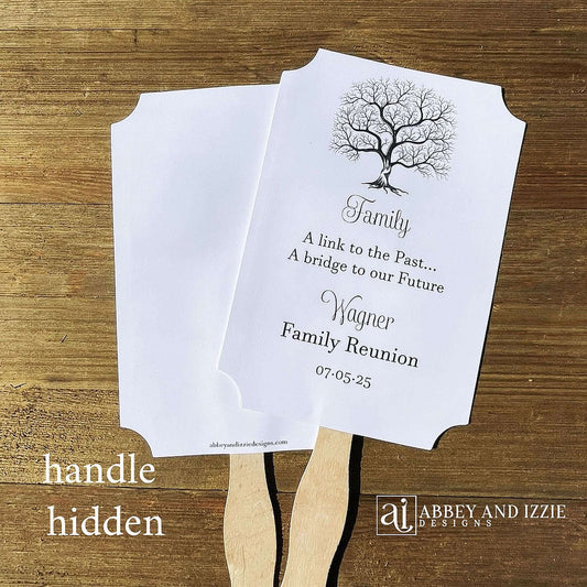 Custom Fans For Family Reunion, personalized for the special event. Family saying printed along with the family name and date of reunion. Wonderful keepsake for everyone to take home from the event.