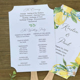 Mediterranean Wedding Program Fans, adorned with blue tiles and lemons. Printed on white card stock, two sided with handle hidden between. Wedding program on the back on the fans, front is personalized for the bride and groom.