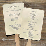 Wedding program fans printed with names, date, a thank you plus your ceremony order and the wedding party.  Fans are printed and shipped to you assembled for your special day.  Your choice of white or ivory card stock.