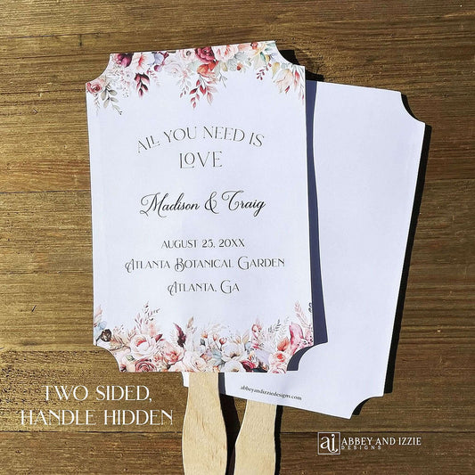 Mocha wedding fans, printed on white card stock with mocha flowers flowing from the top and bottom. Personalized fans for you day.