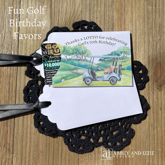 Golf theme birthday party favors, slide a lotto ticket in these cute envelopes for a fun favor. Printed on white card stock with a black ribbon attached, these are adorned with a golf scene and are personalized for the guest of honor.