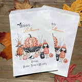 White paper bags, Personalized Halloween Candy Bags, adorned with cute witches these can be used for trick or treat bags or trunk or treat bags.  Also can personalized for a business promotion to hand out at Halloween