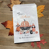 White paper bags, Personalized Halloween Candy Bags, adorned with cute witches these can be used for trick or treat bags or trunk or treat bags.  Also can personalized for a business promotion to hand out at Halloween