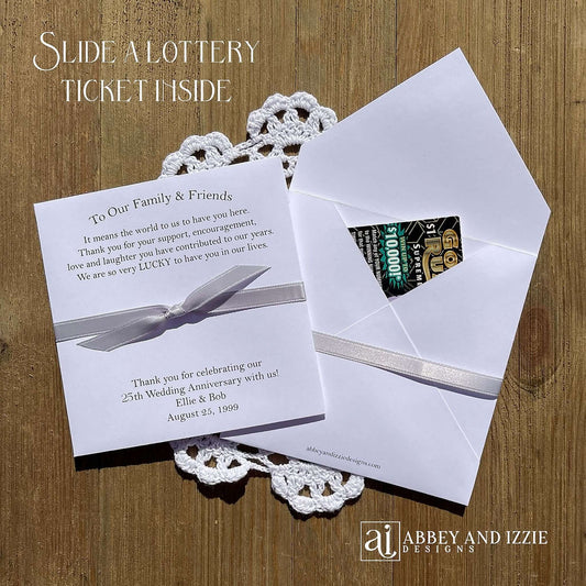 Silver Wedding Anniversary Party Favors that are sure to impress your guests. Printed on white card stock with silver ribbon attached, thank your guests for coming with these elegant favors.