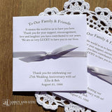 Silver Wedding Anniversary Party Favors that are sure to impress your guests.  Printed on white card stock with silver ribbon attached, thank your guests for coming with these elegant favors.