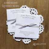 Silver Wedding Anniversary Favors Personalized  and can be made for any anniversary.  Larger envelopes to accomodate large lotto tickets.  Printed on white card stock these envelopes are sturdy and will add an elegant touch to your party.