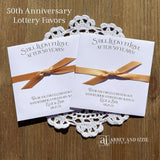 Wedding Anniversary Party Favors Personalized for that special couple.  Printed on white cardstock with a ribbon attached these can be made for any anniversary.