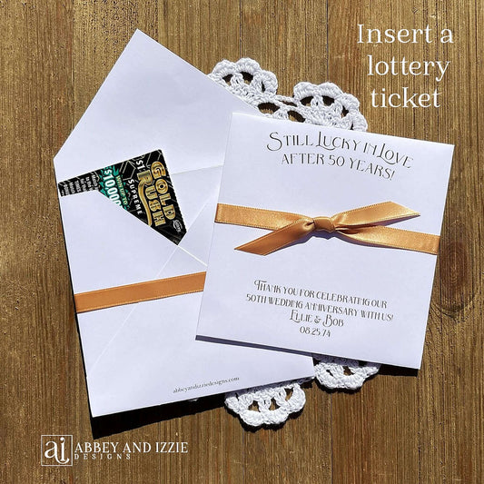 Wedding Anniversary Party Favors Personalized for that special couple. Printed on white cardstock with a ribbon attached these can be made for any anniversary.