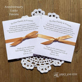 Our 50th Wedding Anniversary Party Favors personalized with thank you notes and gold ribbon on white cardstock.